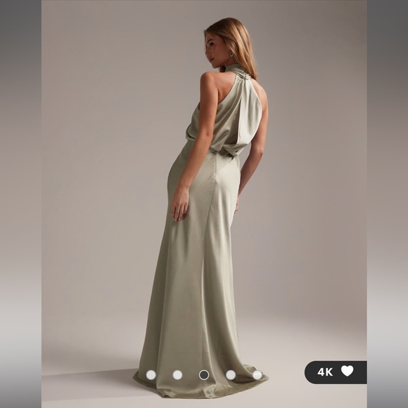 ASOS DESIGN Bridesmaid satin ruched halter neck maxi dress in sage green - Picture 3 of 11